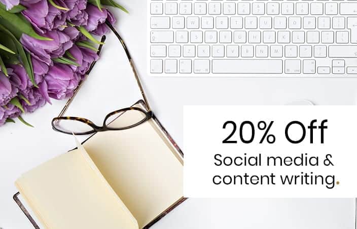 Marketing discount offer 20% Off Social Media & Content Writing