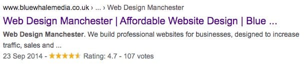 Screenshot of a Web Design Manchester search snippet on Google.