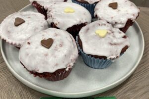 Red Velvet Cupcakes for MacMillan Bake Sale at Blue Whale Media 2022