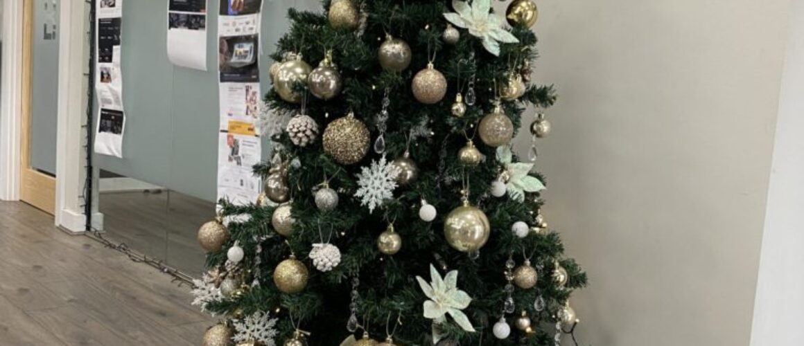 Christmas Tree with wrapped up presents in the Blue Whale Media office